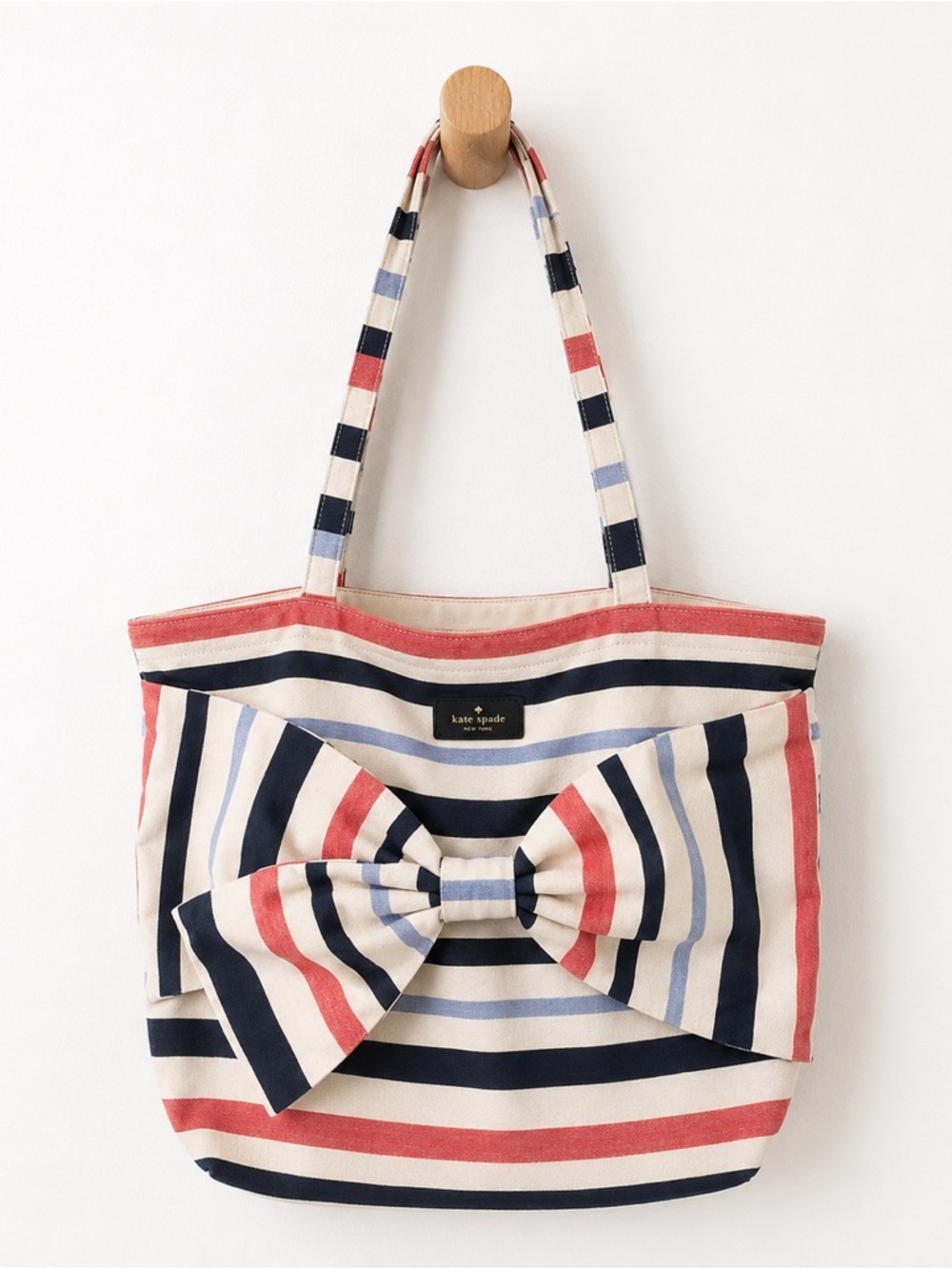 Kate Spade Fairmont Canvas Striped Bow Tote Cream Blue Coral Summer Bag